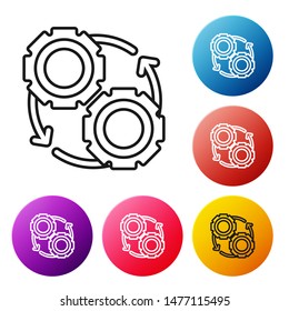 Black line Gear and arrows as workflow process concept icon isolated on white background. Gear reload sign. Set icons colorful circle buttons. Vector Illustration