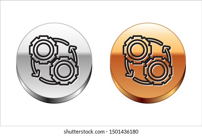 Black line Gear and arrows as workflow process concept icon isolated on white background. Gear reload sign. Silver-gold circle button. Vector Illustration