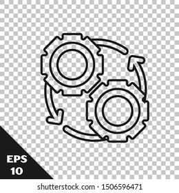 Black line Gear and arrows as workflow process concept icon isolated on transparent background. Gear reload sign.  Vector Illustration