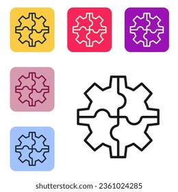 Icono del engranaje de línea negra aislado en fondo blanco. Señal de configuración de la rueda de coagulación. Símbolo de código. Establezca iconos en los botones cuadrados de color. Ilustración vectorial
