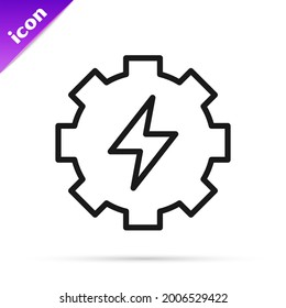 Línea negra Icono de engranaje y relámpago aislado en fondo blanco. Energía eléctrica. Signo de rayo.  Vector