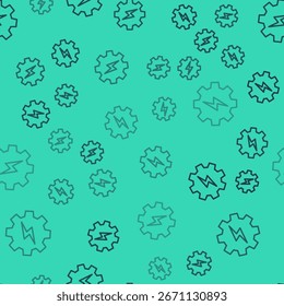 Black line Gear and lightning icon isolated seamless pattern on green background. Electric power. Lightning bolt sign.  Vector