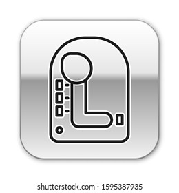 Black line Gear shifter icon isolated on white background. Transmission icon. Silver square button. Vector Illustration