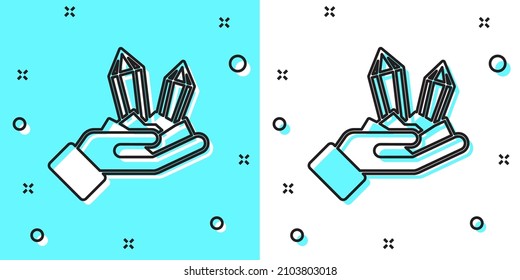 Black line Gem stone icon isolated on green and white background. Jewelry symbol. Diamond. Random dynamic shapes. Vector