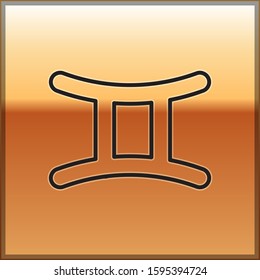 Black line Gemini zodiac sign icon isolated on gold background. Astrological horoscope collection.  Vector Illustration