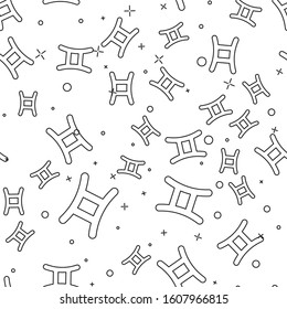 Black line Gemini zodiac sign icon isolated seamless pattern on white background. Astrological horoscope collection.  Vector Illustration