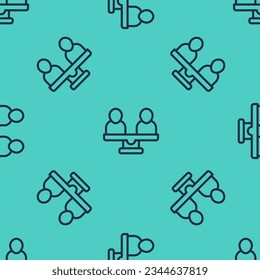 Línea negra Icono de igualdad de género aislado patrón sin fisuras sobre fondo verde. Concepto de igualdad de remuneración y oportunidades en las empresas.  Vector
