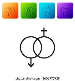 Black line Gender icon isolated on white background. Symbols of men and women. Sex symbol. Valentines day concept. Set icons in color square buttons. Vector Illustration