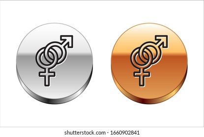 Black line Gender icon isolated on white background. Symbols of men and women. Sex symbol. Silver-gold circle button. Vector Illustration