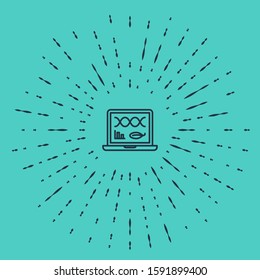 Black line Genetic engineering modification on laptop icon isolated on green background. DNA analysis, genetics testing, cloning. Abstract circle random dots. Vector Illustration