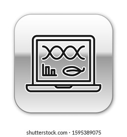 Black line Genetic engineering modification on laptop icon isolated on white background. DNA analysis, genetics testing, cloning. Silver square button. Vector Illustration
