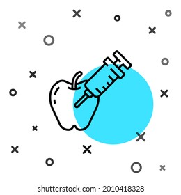 Línea negra Icono de manzana modificada genéticamente aislado en fondo blanco. Fruto de los OGM. Jeringa inyectada a manzana. Formas dinámicas aleatorias. Vector