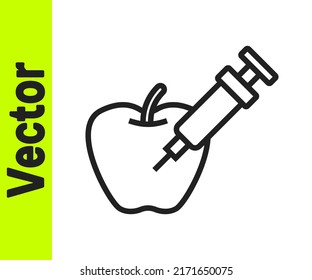 Línea negra Icono de manzana modificada genéticamente aislado en fondo blanco. Fruto de los OGM. Jeringa inyectada a manzana.  Vector