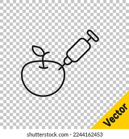 Línea negra Icono de manzana modificada genéticamente aislado en fondo transparente. Fruto de los OGM. Jeringa inyectada a manzana.  Vector