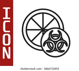 Línea negra Icono de cítricos modificados genéticamente aislado en fondo blanco. Naranja en un corte. Estilo de vida saludable. Fruto de los OGM.  Vector