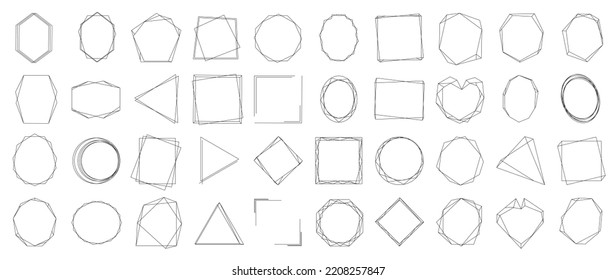 Elemento de marco geométrico de línea negra. Colección de diferentes formas, corazón, rectángulo, círculo, polígono, hexágono, oval, triángulo. Diseño para tarjeta de boda, invitaciones, logotipo, portada de libro y afiche.