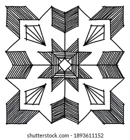 Black line and geometric shapes pattern with white background.