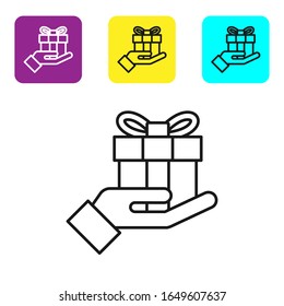 Black line Gift box in hand icon isolated on white background. Merry Christmas and Happy New Year. Set icons colorful square buttons. Vector Illustration