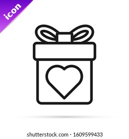 Black line Gift box with heart icon isolated on white background. Valentines day.  Vector Illustration