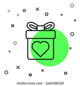 Black line Gift box with heart icon isolated on white background. Valentines day.  Vector Illustration