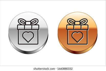Black line Gift box and heart icon isolated on white background. 8 March. International Happy Women Day. Silver-gold circle button. Vector Illustration