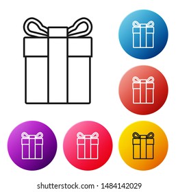 Black line Gift box icon isolated on white background. Set icons colorful circle buttons. Vector Illustration
