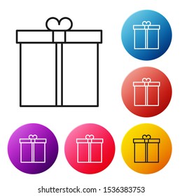 Black line Gift box icon isolated on white background. Set icons colorful circle buttons. Vector Illustration