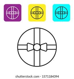 Black line Gift box icon isolated on white background. Merry Christmas and Happy New Year. Set icons colorful square buttons. Vector Illustration