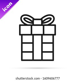 Black line Gift box icon isolated on white background. Merry Christmas and Happy New Year.  Vector Illustration