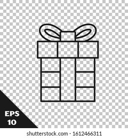 Black line Gift box icon isolated on transparent background. Merry Christmas and Happy New Year.  Vector Illustration