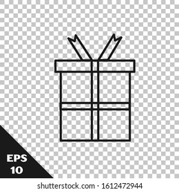 Black line Gift box icon isolated on transparent background. Happy Birthday.  Vector Illustration
