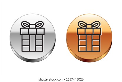 Black line Gift box icon isolated on white background. Merry Christmas and Happy New Year. Silver-gold circle button. Vector Illustration