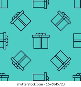 Black line Gift box icon isolated seamless pattern on green background. Happy Birthday.  Vector Illustration