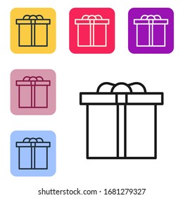 Black line Gift box icon isolated on white background. Happy Birthday. Set icons in color square buttons. Vector Illustration