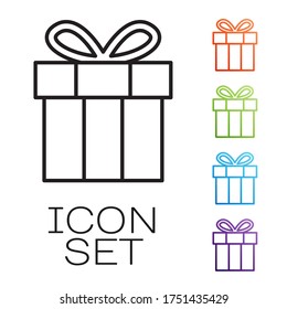 Icono de la caja de regalo de línea negra aislado en fondo blanco. Feliz cumpleaños. Indique los iconos en colores. Vector