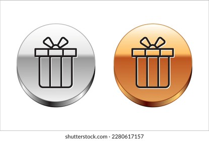 Black line Gift box icon isolated on white background. Merry Christmas and Happy New Year. Silver-gold circle button. Vector