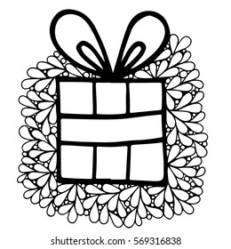Black line gift in ornate frame. Can be used for card, invitation, posters, texture backgrounds, placards, banners.