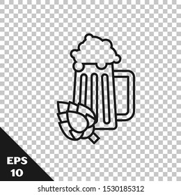 Black line Glass of beer and hop icon isolated on transparent background.  Vector Illustration