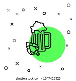 Black line Glass of beer and hop icon isolated on white background.  Vector Illustration