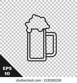 Black line Glass of beer icon isolated on transparent background.  Vector Illustration