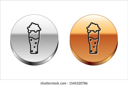 Black line Glass of beer icon isolated on white background. Silver-gold circle button. Vector Illustration