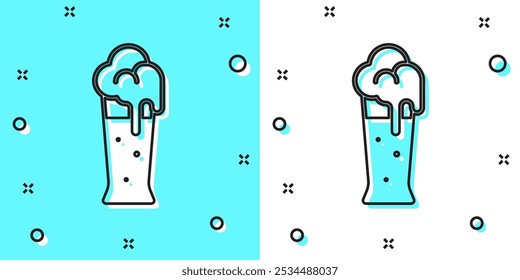 Black line Glass of beer icon isolated on green and white background. Random dynamic shapes. Vector