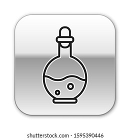 Black line Glass bottle with magic elixir icon isolated on white background. Computer game asset. Silver square button. Vector Illustration
