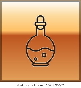 Black line Glass bottle with magic elixir icon isolated on gold background. Computer game asset.  Vector Illustration