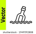 Black line Glass bottle with a message in water icon isolated on white background. Letter in the bottle. Pirates symbol.  Vector