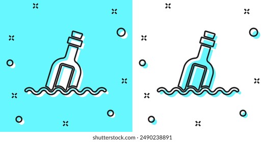 Black line Glass bottle with a message in water icon isolated on green and white background. Letter in the bottle. Pirates symbol. Random dynamic shapes. Vector