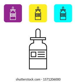 Black line Glass bottle with a pipette icon isolated on white background. Container for medical and cosmetic product. Set icons colorful square buttons. Vector Illustration