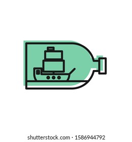 Black line Glass bottle with ship inside icon isolated on white background. Miniature model of marine vessel. Hobby and sea theme.  Vector Illustration