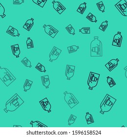 Black line Glass bottle with ship inside icon isolated seamless pattern on green background. Miniature model of marine vessel. Hobby and sea theme.  Vector Illustration