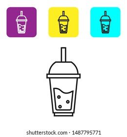 Black line Glass of lemonade with drinking straw icon isolated on white background. Set icons colorful square buttons. Vector Illustration Black line Glass of lemonade with drinking straw icon isolated on white background. Set icons colorful square buttons. Vector Illustration